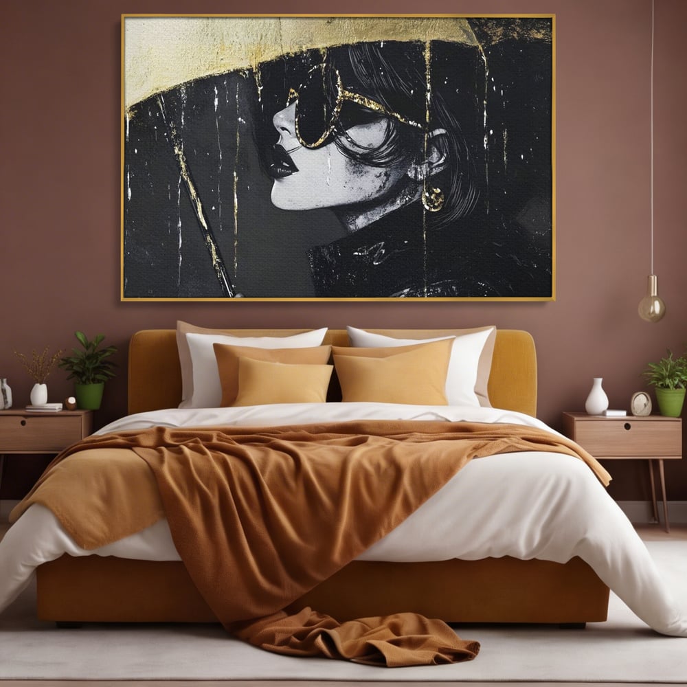 Tablou canvas cu tablou canvas cu femeie in ploaie stilizata, in rama de aluminiu auriu, pe perete intr-un dormitor